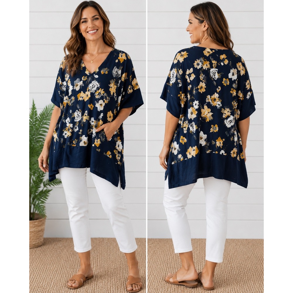 Lane Bryant Navy Floral V-Neck Tunic with Mustard and White Blooms